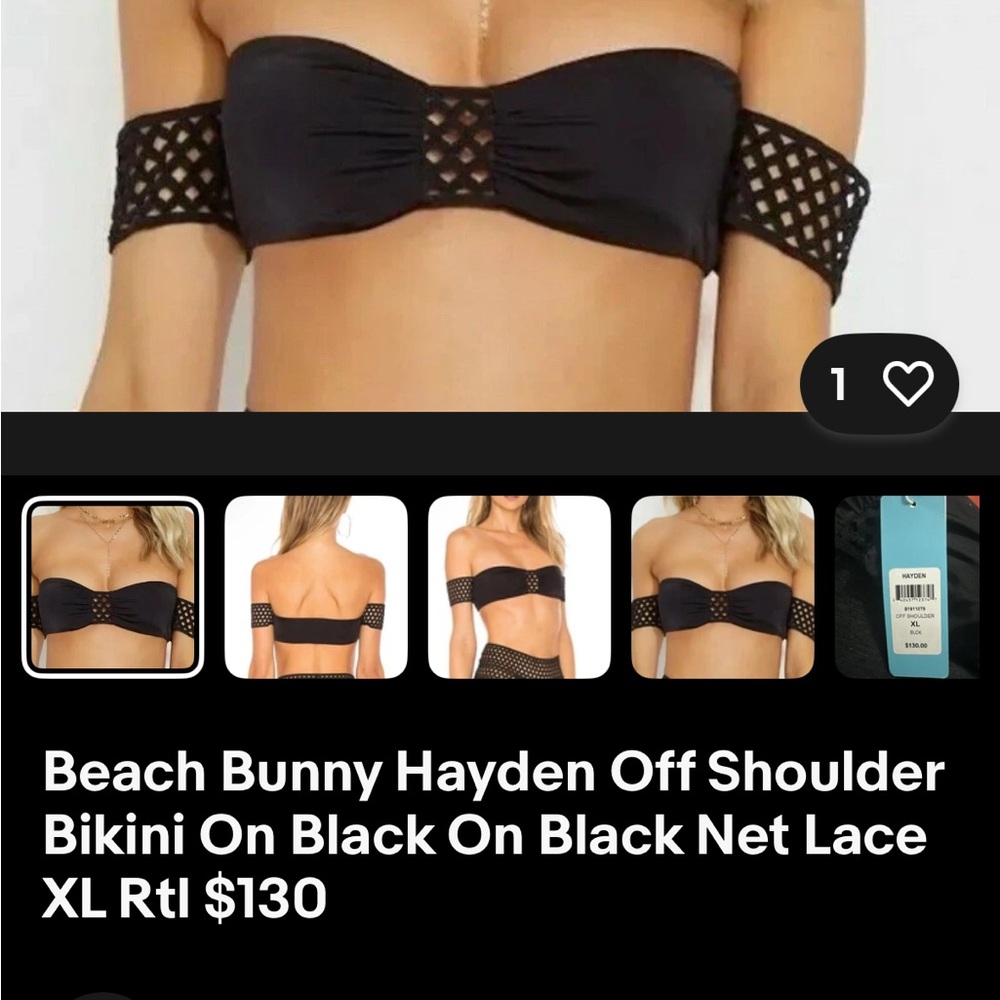 Beach Bunny Hayden Black Bikini top off of shoulders NWT size large